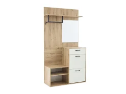 Conjunto de armário de corredor 100x38,5x190cm com bancada, gaveta, 2 portas e espelho, cor natural claro e lacado branco