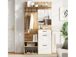 Conjunto de armário de corredor 100x38,5x190cm com bancada, gaveta, 2 portas e espelho, cor natural claro e lacado branco