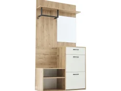 Conjunto de armário de corredor 100x38,5x190cm com bancada, gaveta, 2 portas e espelho, cor natural claro e lacado branco