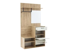 Conjunto de armário de corredor 100x38,5x190cm com bancada, gaveta, 2 portas e espelho, cor natural claro e lacado branco