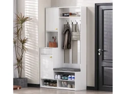 Conjunto de armários para corredor - 100 x 35 x 180 cm - com banco + 4 ganchos + 2 portas + 1 gaveta - MDF - branco