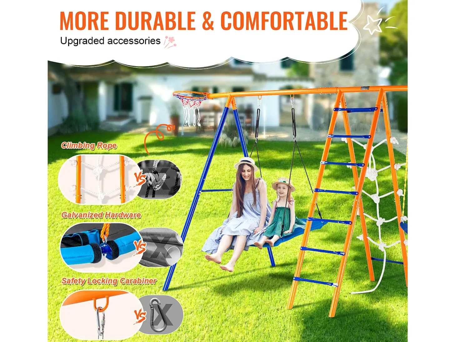 Conjunto de balanços 6 em 1 SucceBuy 200 kg Metal 2 balanços Escada Rede Basquete para o jardim Design estável Assento UV Alças seguras