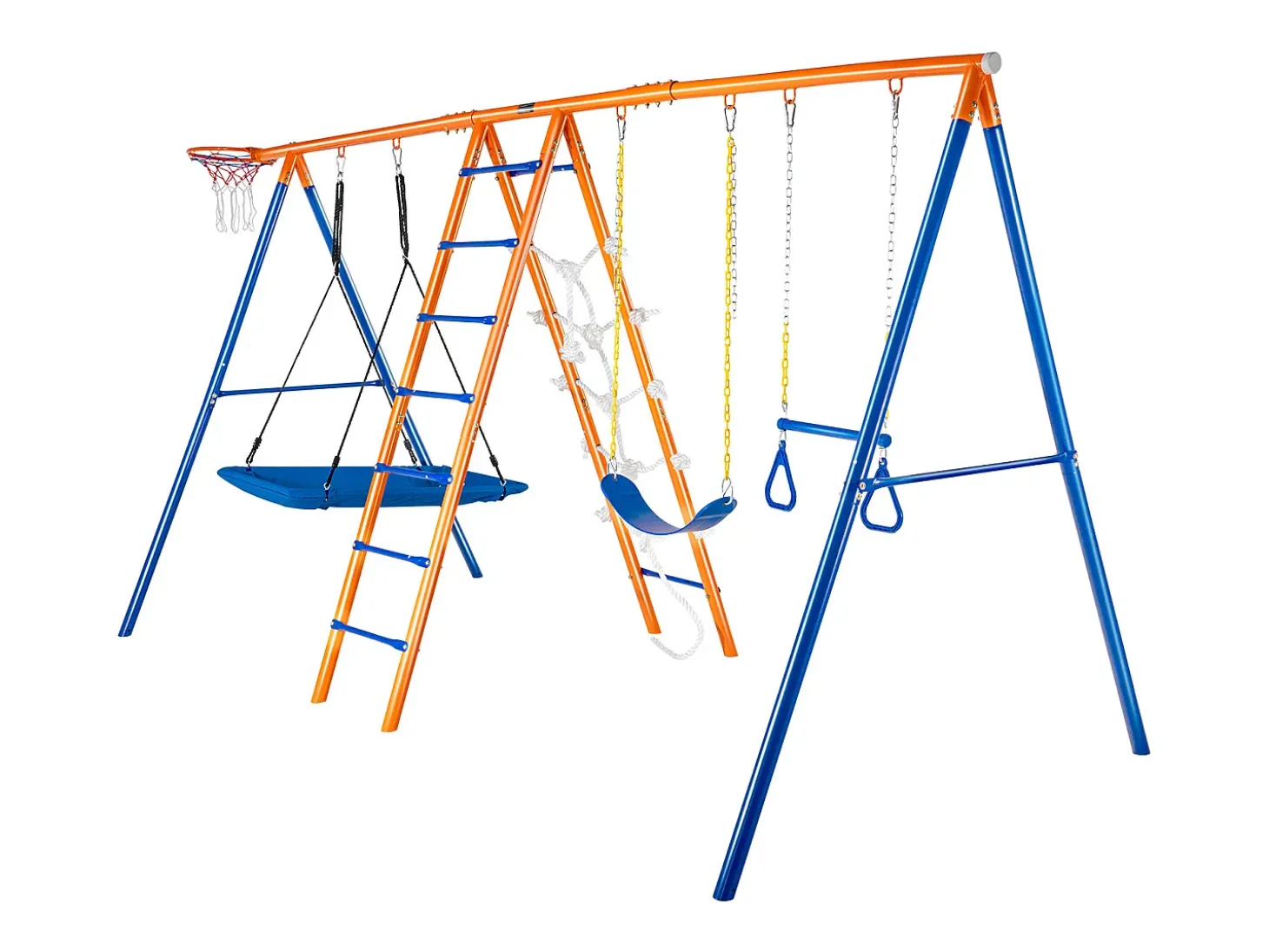 Conjunto de balanços 6 em 1 SucceBuy 200 kg Metal 2 balanços Escada Rede Basquete para o jardim Design estável Assento UV Alças seguras