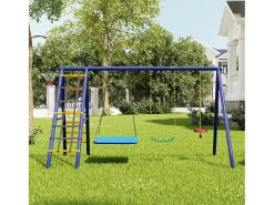 Conjunto de baloiço exterior em aço azul - 3 baloiços + estrutura de escalada + cesto