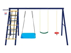 Conjunto de baloiço exterior em aço azul - 3 baloiços + estrutura de escalada + cesto