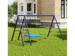 Conjunto de baloiço exterior em aço azul - 3 baloiços + estrutura de escalada + cesto