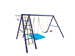 Conjunto de baloiço exterior em aço azul - 3 baloiços + estrutura de escalada + cesto
