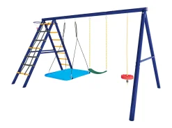 Conjunto de baloiço exterior em aço azul - 3 baloiços + estrutura de escalada + cesto