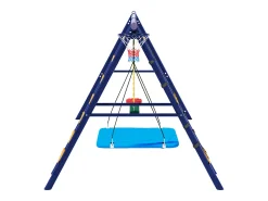 Conjunto de baloiço exterior em aço azul - 3 baloiços + estrutura de escalada + cesto