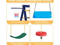 Conjunto de baloiço exterior em aço azul - 3 baloiços + estrutura de escalada + cesto