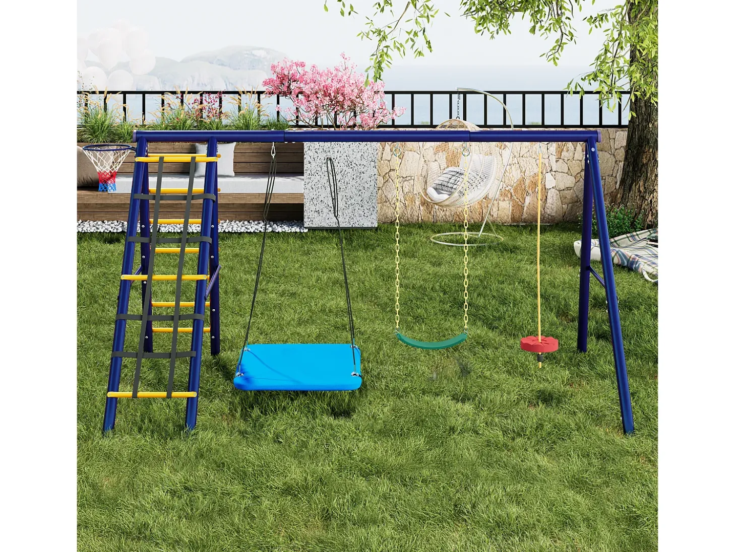 Conjunto de baloiços para crianças, baloiços multifuncionais para exterior - 310 x 174 x 203 cm - em aço - com estrutura de escalada - azul