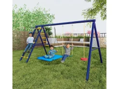 Conjunto de baloiços para crianças, baloiços multifuncionais para exterior - 310 x 174 x 203 cm - em aço - com estrutura de escalada - azul