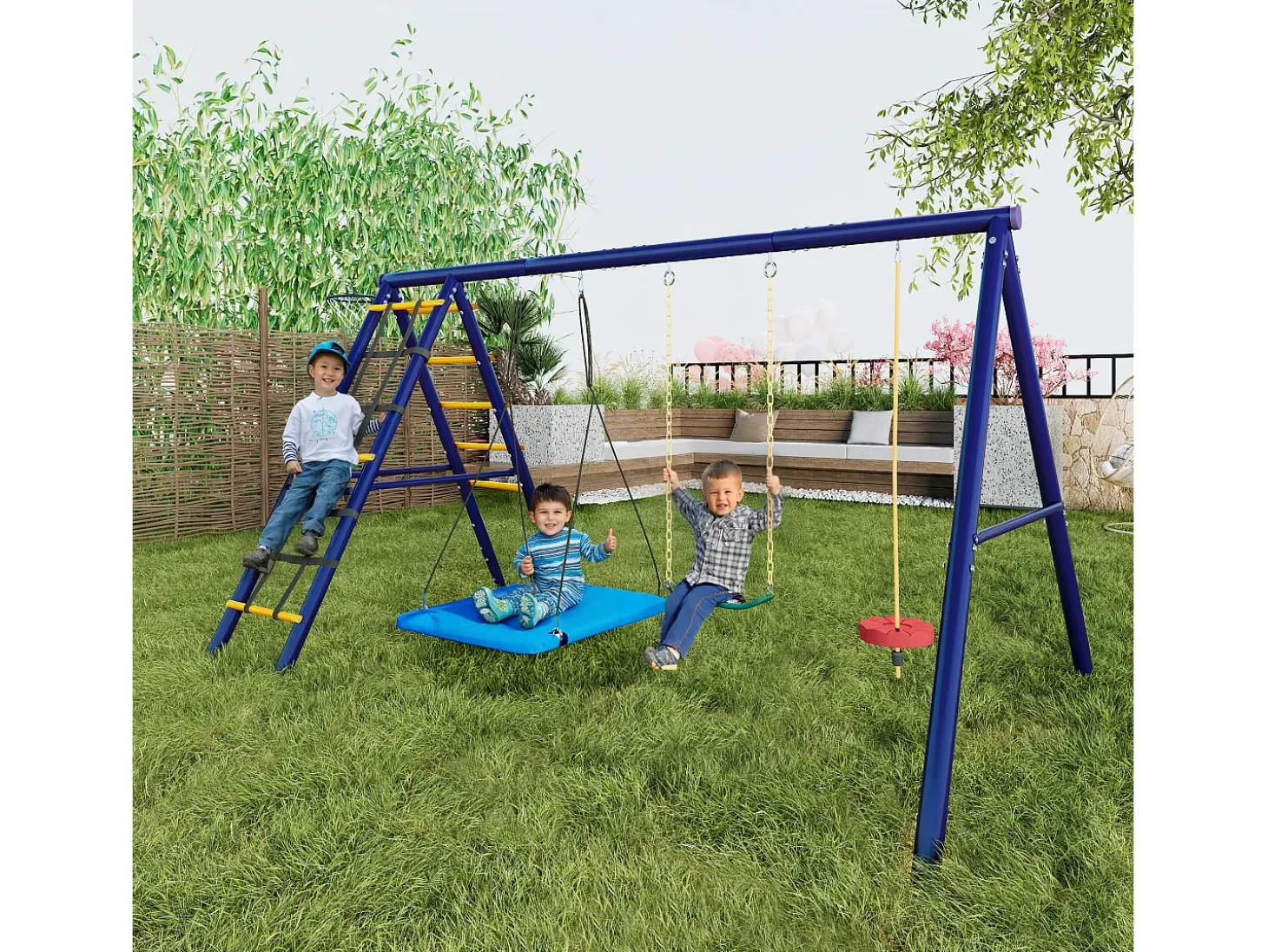 Conjunto de baloiços para crianças, baloiços multifuncionais para exterior - 310 x 174 x 203 cm - em aço - com estrutura de escalada - azul