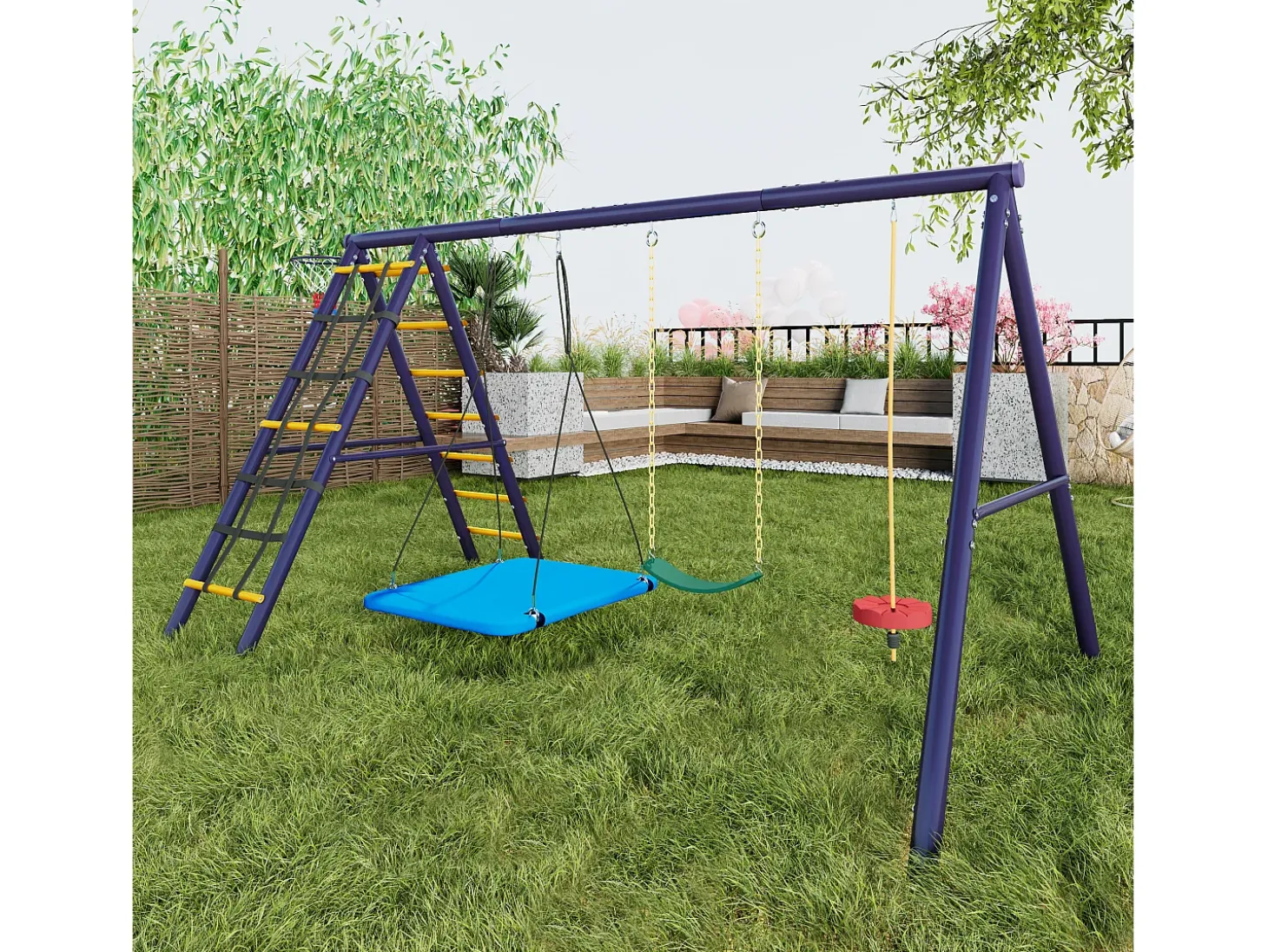 Conjunto de baloiços para crianças, baloiços multifuncionais para exterior - 310 x 174 x 203 cm - em aço - com estrutura de escalada - azul
