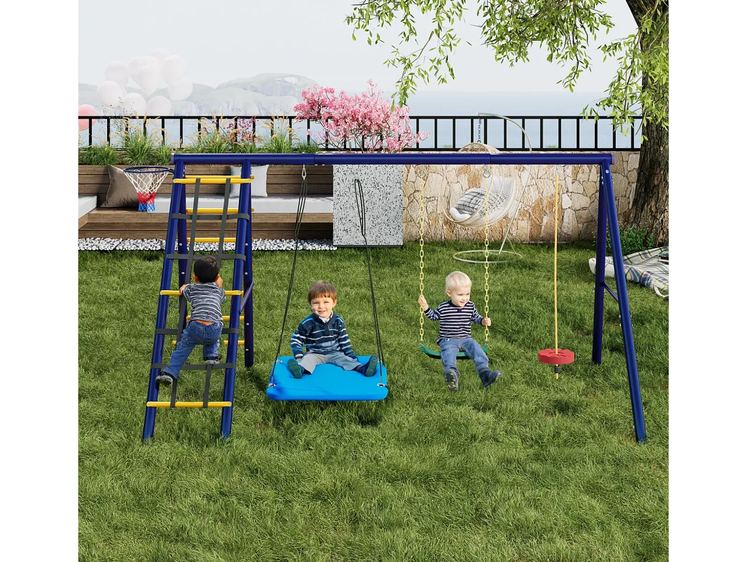 Conjunto de baloiços para crianças, baloiços multifuncionais para exterior - 310 x 174 x 203 cm - em aço - com estrutura de escalada - azul