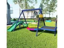 Conjunto de baloiços para exterior - Escorrega + trampolim + 2 baloiços - Metal azul