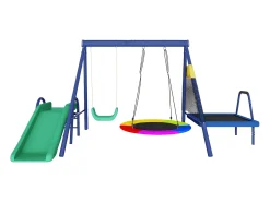 Conjunto de baloiços para exterior - Escorrega + trampolim + 2 baloiços - Metal azul