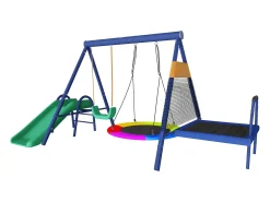 Conjunto de baloiços para exterior - Escorrega + trampolim + 2 baloiços - Metal azul