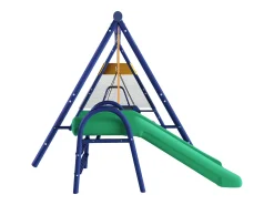 Conjunto de baloiços para exterior - Escorrega + trampolim + 2 baloiços - Metal azul
