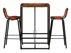 Conjunto de bar 3 pcs madeira recuperada + couro cabra genuíno