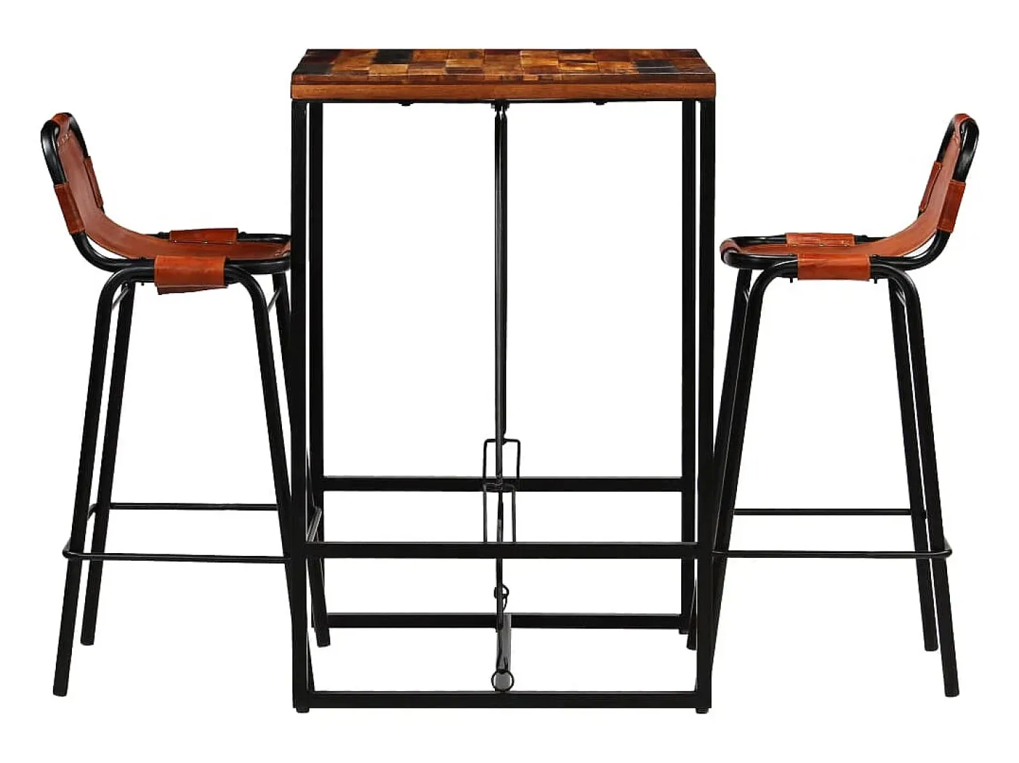 Conjunto de bar 3 pcs madeira recuperada + couro cabra genuíno