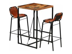 Conjunto de bar 3 pcs madeira recuperada + couro cabra genuíno