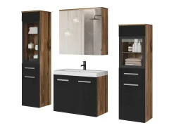 Conjunto de casa de banho suspenso com lavatório, 2 colunas e armário espelhado, corpo carvalho wotan mate / frentes preto brilhante