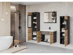 Conjunto de casa de banho com LED, móveis suspensos com lavatório, 2 colunas e espelho com prateleiras, corpo antracite, frentes castanheiro