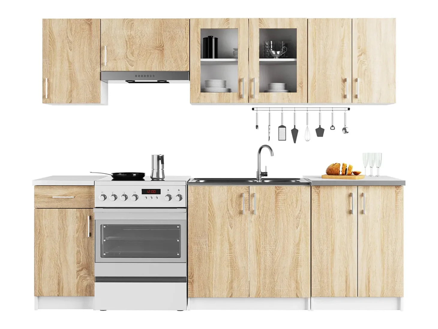 Conjunto de Cozinha com Vitrine Lima 2.4M - Branco / Carvalho Sonoma