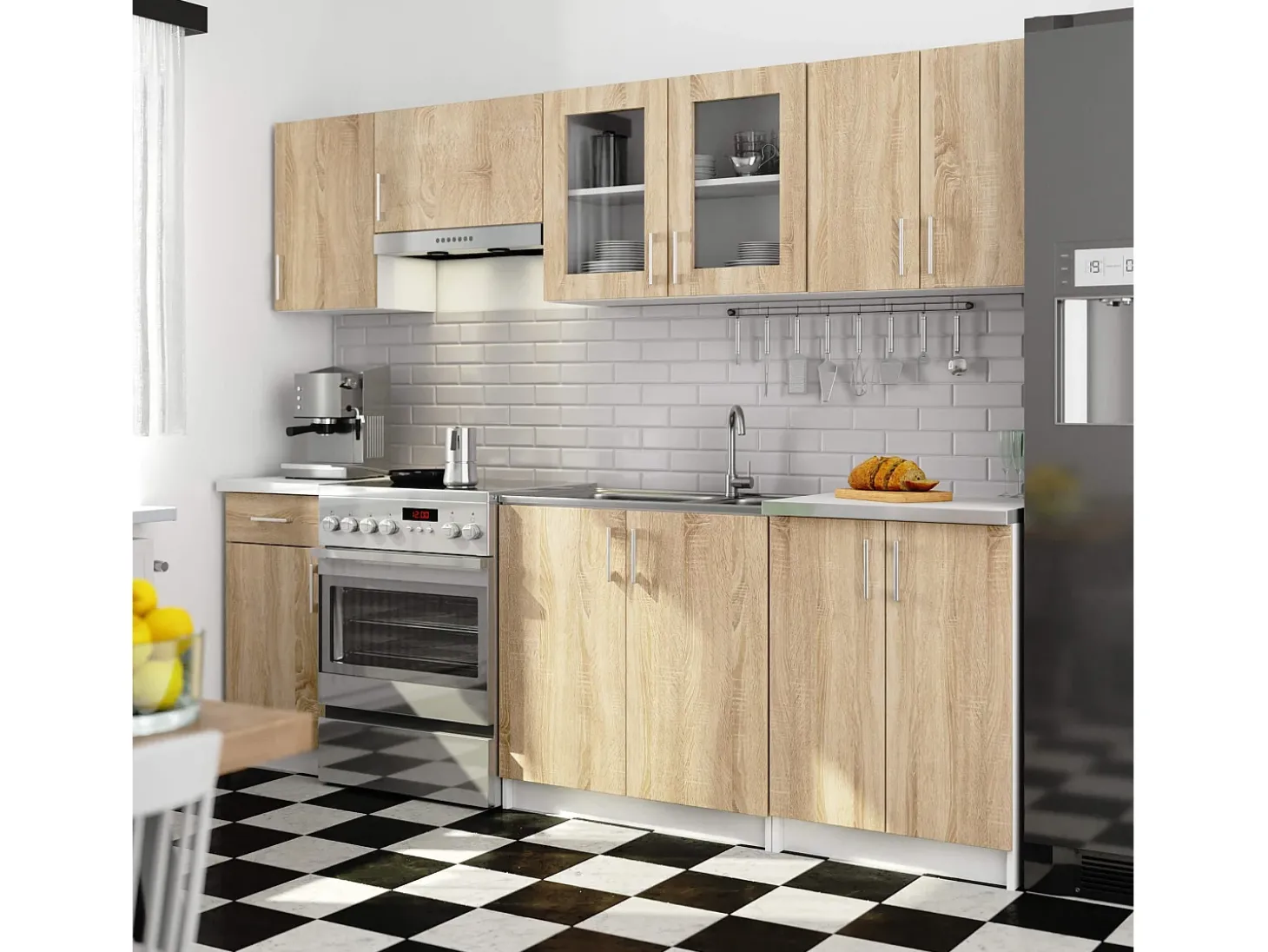 Conjunto de Cozinha com Vitrine Lima 2.4M - Branco / Carvalho Sonoma