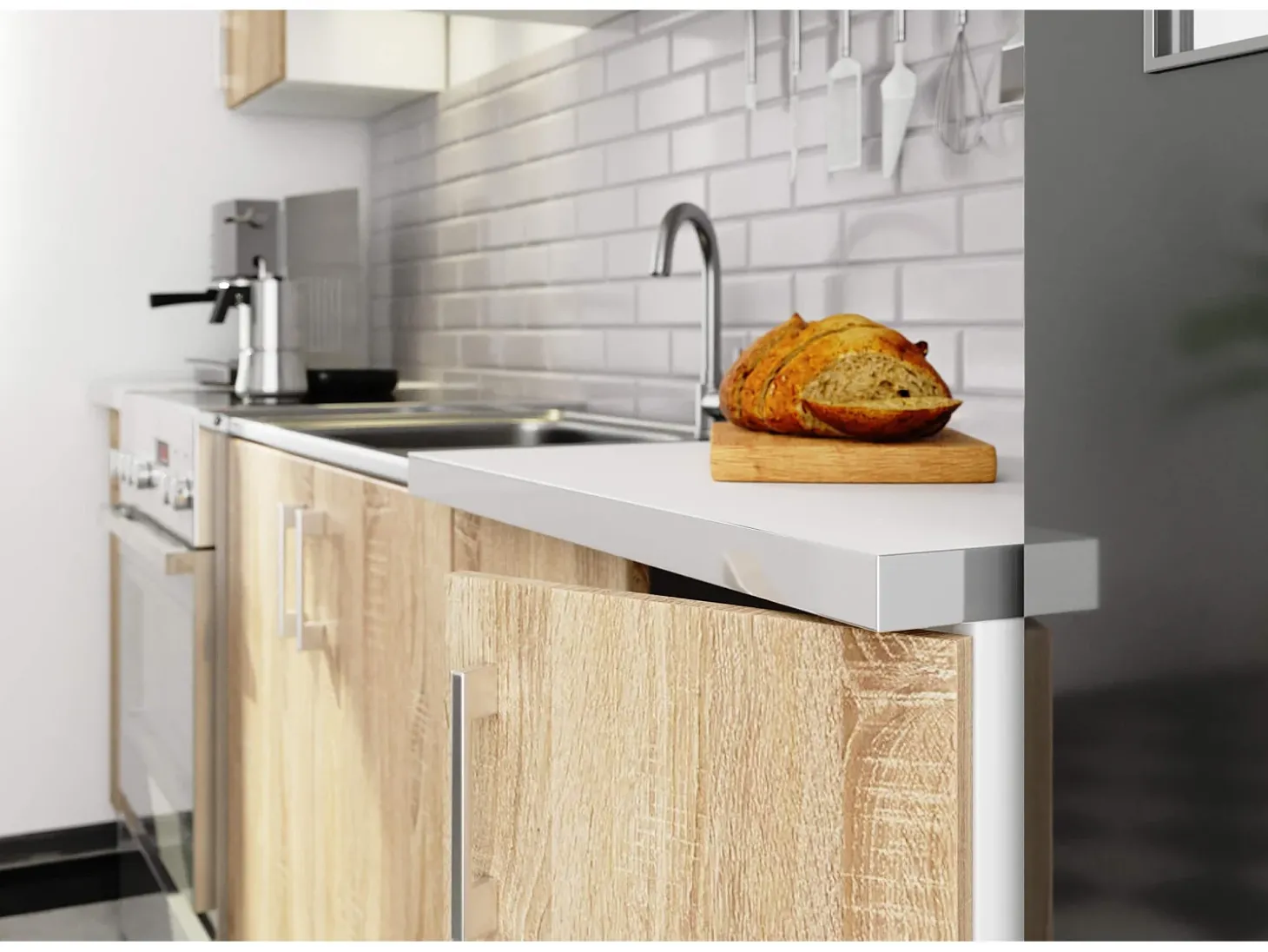 Conjunto de Cozinha com Vitrine Lima 2.4M - Branco / Carvalho Sonoma