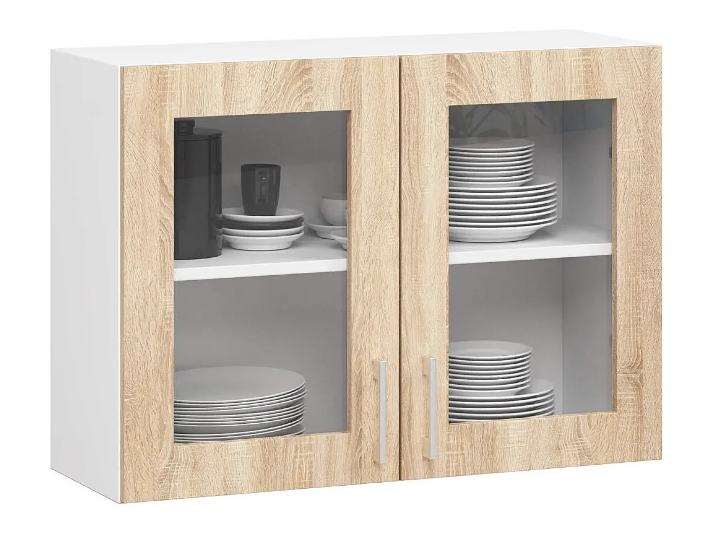 Conjunto de Cozinha com Vitrine Lima 2.4M - Branco / Carvalho Sonoma