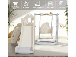 Conjunto de escorregas para criança 5 em 1 - 179 x 184 x 103 cm - HDPE - com baloiço e espaço de arrumação - Cinza