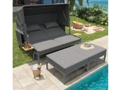 Conjunto de espreguiçadeiras de jardim para 2-4 pessoas, com toldo rebatível, conjunto de sofás de exterior