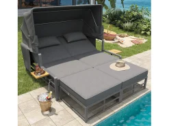 Conjunto de espreguiçadeiras de jardim para 2-4 pessoas, com toldo rebatível, conjunto de sofás de exterior