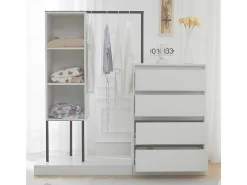Conjunto de guarda-roupa branco com gavetas, aparador e cabideiro, 140x40x135cm.