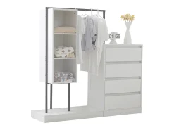 Conjunto de guarda-roupa branco com gavetas, aparador e cabideiro, 140x40x135cm.
