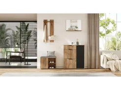 Conjunto de guarda-roupa para hall de entrada - 140 x 35 x 139 cm - com banco e sapateira + 1 espelho + prateleira de parede - aglomerado - natural + preto