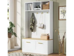 Conjunto de guarda-roupa/armário - 105 x 40 x 180 cm - com banco + espaço de armazenamento aberto + 2 portas + 4 ganchos - MDF + aglomerado - branco