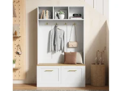 Conjunto de guarda-roupa/armário - 105 x 40 x 180 cm - com banco + espaço de armazenamento aberto + 2 portas + 4 ganchos - MDF + aglomerado - branco