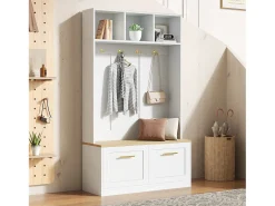 Conjunto de guarda-roupa/armário - 105 x 40 x 180 cm - com banco + espaço de armazenamento aberto + 2 portas + 4 ganchos - MDF + aglomerado - branco