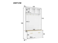 Conjunto de guarda-roupa/armário - 105 x 40 x 180 cm - com banco + espaço de armazenamento aberto + 2 portas + 4 ganchos - MDF + aglomerado - branco