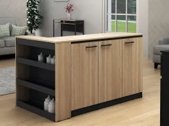Conjunto de ilha de cozinha + 2 banquetas - Preto e Natural Claro - NUSICE