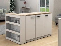 Conjunto de ilha de cozinha + 2 banquetas - Branco e tom natural claro - NUSICE