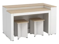 Conjunto de ilha de cozinha + 2 banquetas - Branco e tom natural claro - NUSICE