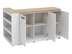 Conjunto de ilha de cozinha + 2 banquetas - Branco e tom natural claro - NUSICE