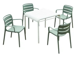 Conjunto de jantar de jardim em polipropileno - uma mesa C.90 cm e 4 cadeiras empilháveis - Verde cáqui - MOAH de MYLIA
