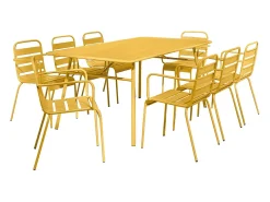 Conjunto de jantar de jardim em metal: mesa e 8 cadeirões empilháveis – Amarelo mostarda – MIRMANDE