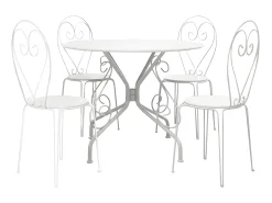 Conjunto de jantar para jardim GUERMANTE da MYLIA em ferro forjado, com mesa redonda e 4 cadeiras brancas.