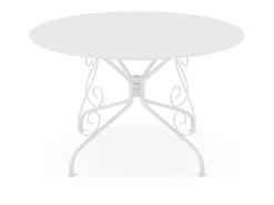 Conjunto de jantar para jardim GUERMANTE da MYLIA em ferro forjado, com mesa redonda e 4 cadeiras brancas.